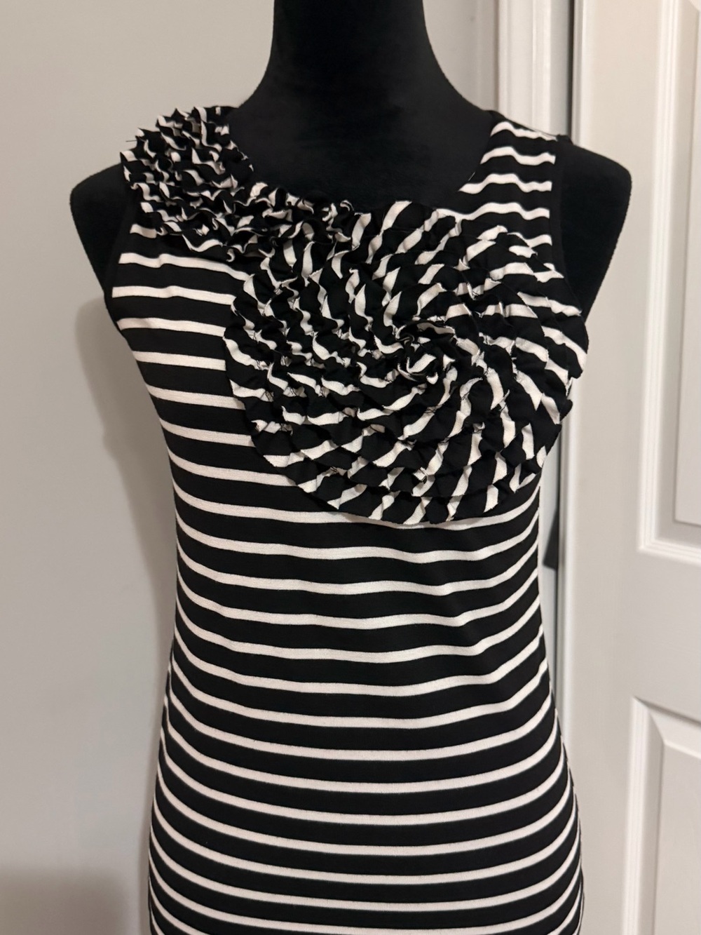 Black & White Striped Sleeveless Ruffle Front Blouse